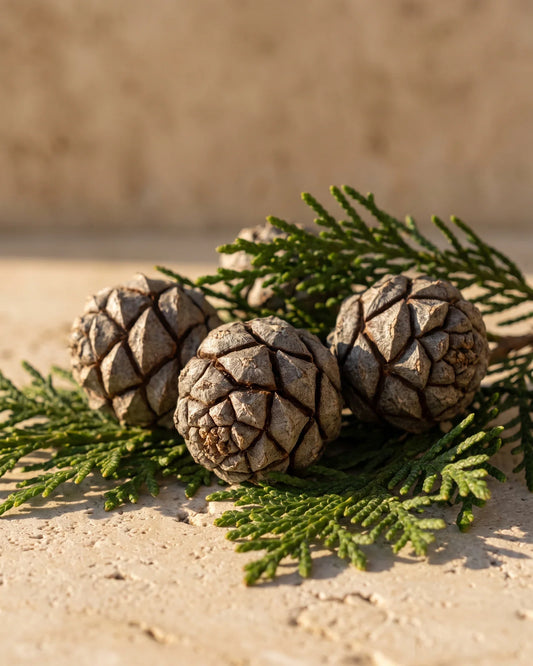 Round cypress cones nestled in fresh cypress sprigs on travertine — the clean, woody scent of Delune Cypress Pure Essential Oil