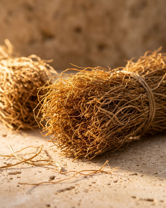 A bundle of fine golden vetiver roots in warm backlight — the smoky, earthy scent of Delune Vetiver Pure Essential Oil