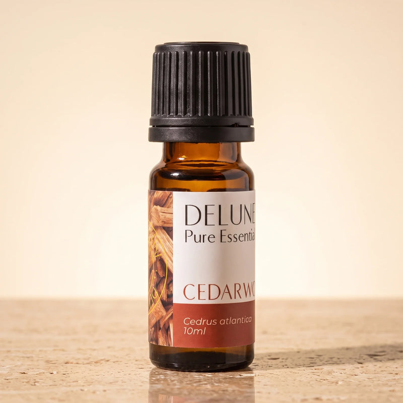 Delune Cedarwood Pure Essential Oil, 10ml amber glass bottle on warm travertine stone