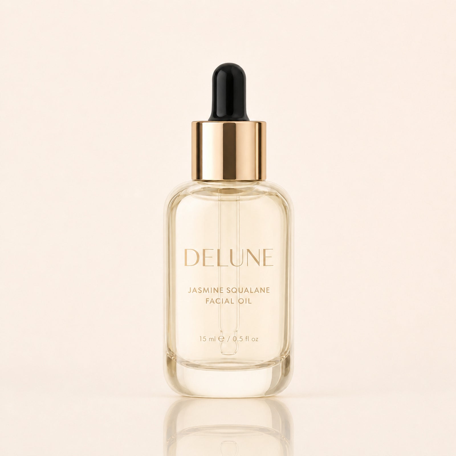 Delune Jasmine Squalane Facial Oil 15ml in pale champagne glass bottle