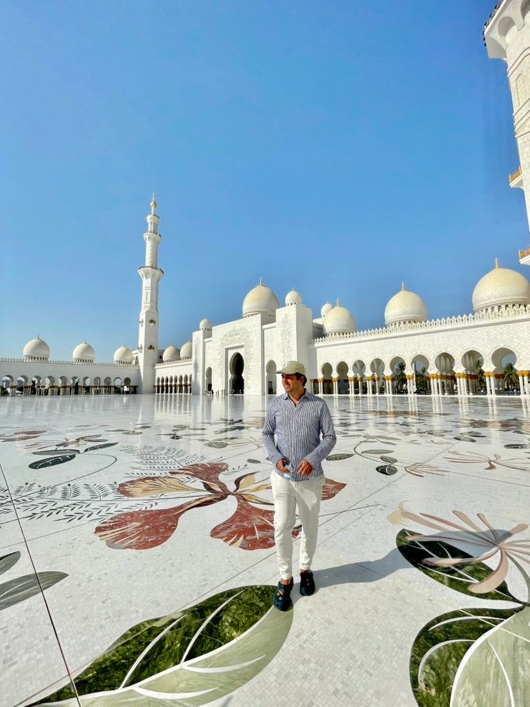 Luigi, founder of Delune, at the Sheikh Zayed Grand Mosque in Abu Dhabi